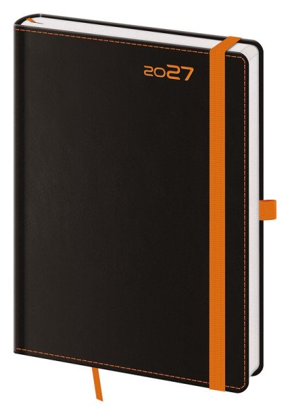 Diář 2027 týdenní A5 Black Orange s poutkem na propisku