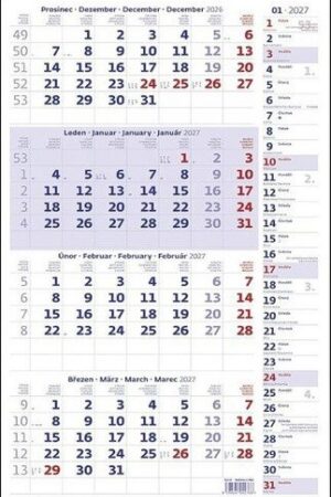 Kalendář nástěnný 2027 - Čtyřměsíční modrý s poznámkami