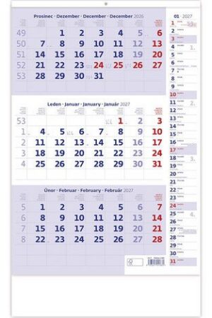 Kalendář nástěnný 2027 - Tříměsíční modrý s poznámkami