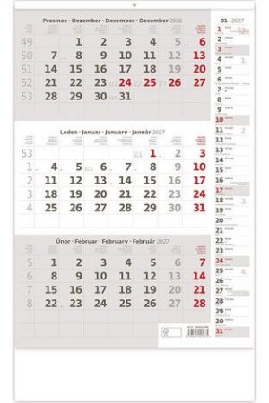 Kalendář nástěnný 2027 - Tříměsíční šedý s poznámkami