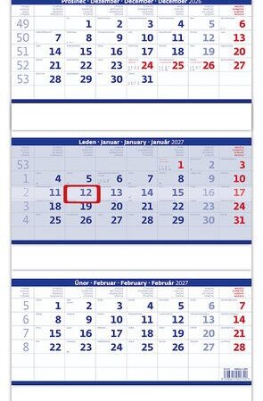 Kalendář nástěnný 2027 - Tříměsíční skládaný modrý