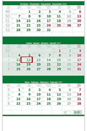 Kalendář nástěnný 2027 - Tříměsíční zelený